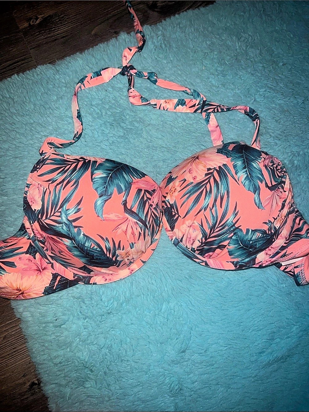 H&M Tropical Leaf Push-Up Bikini Top Set Pink & Black Medium